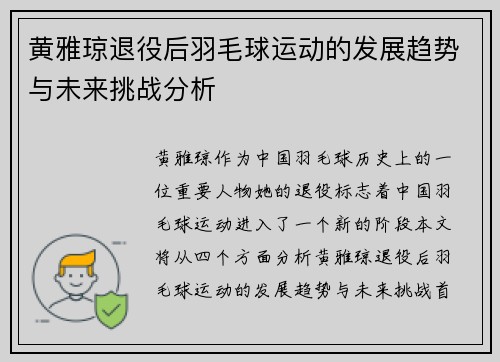 黄雅琼退役后羽毛球运动的发展趋势与未来挑战分析