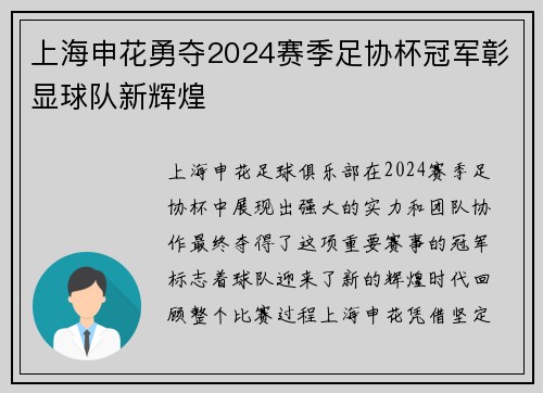 上海申花勇夺2024赛季足协杯冠军彰显球队新辉煌