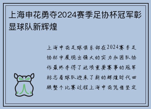 上海申花勇夺2024赛季足协杯冠军彰显球队新辉煌