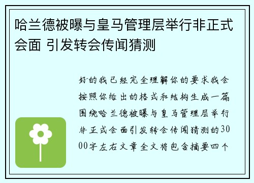 哈兰德被曝与皇马管理层举行非正式会面 引发转会传闻猜测